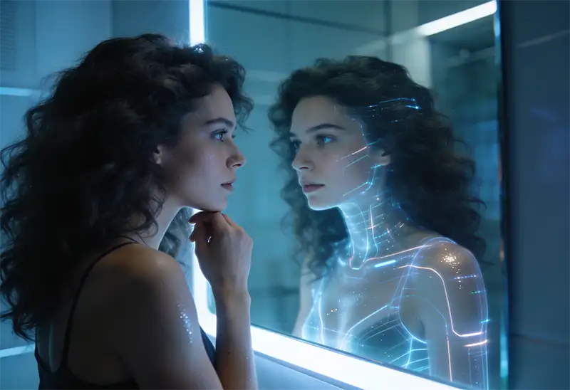 Eine attraktive Frau mit voluminösen Locken steht vor einem Spiegel in einem modernen, leicht futuristischen Raum.